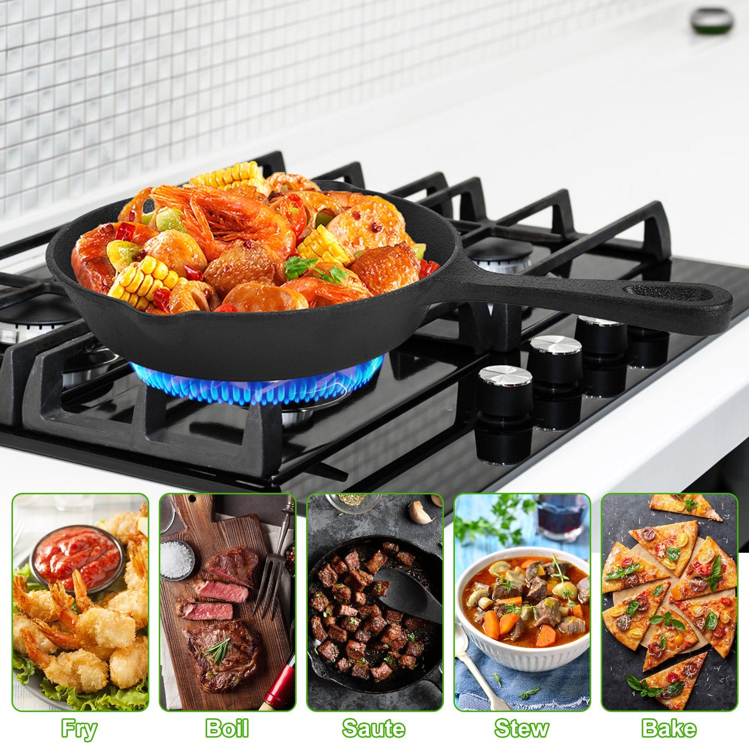 Cast Iron Skillet Set 3-Piece Pre-Seasoned 6 8 & 10 Inch Frying Pans