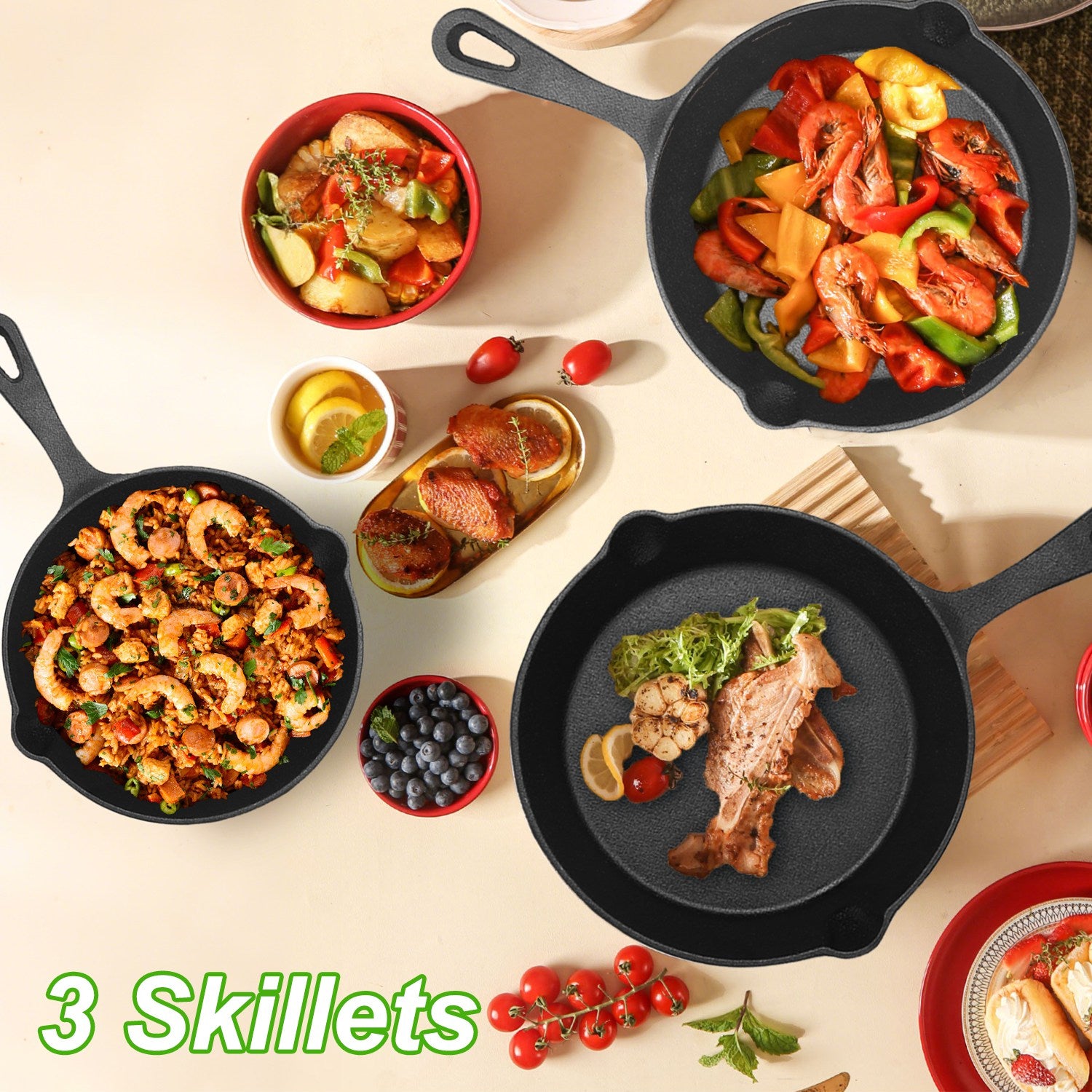 Cast Iron Skillet Set 3-Piece Pre-Seasoned 6 8 &amp; 10 Inch Frying Pans