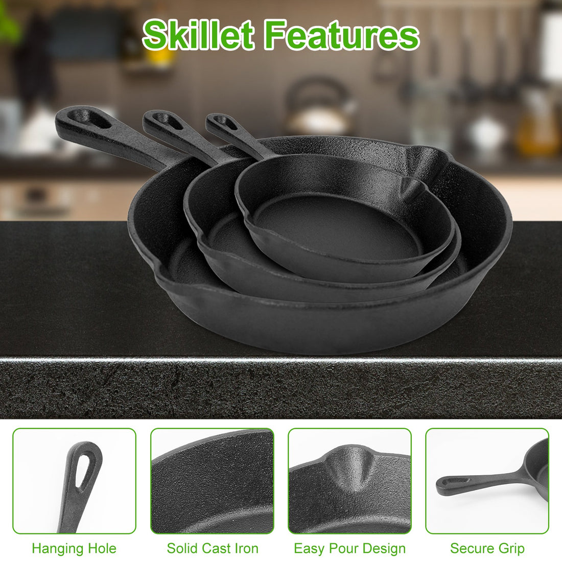 Cast Iron Skillet Set 3-Piece Pre-Seasoned 6 8 &amp; 10 Inch Frying Pans